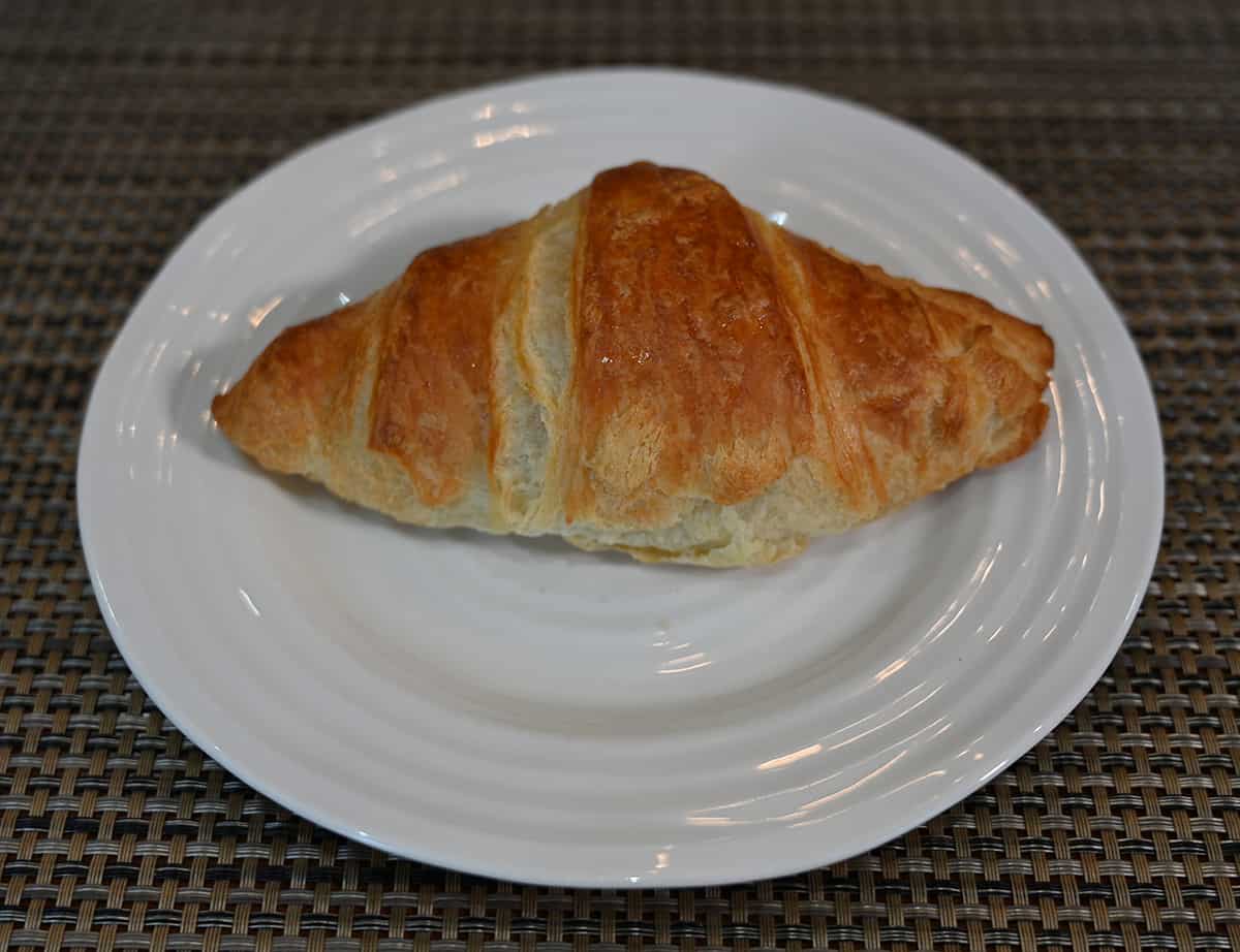 Closeup side view image of one baked croissant sitting on a white plate.