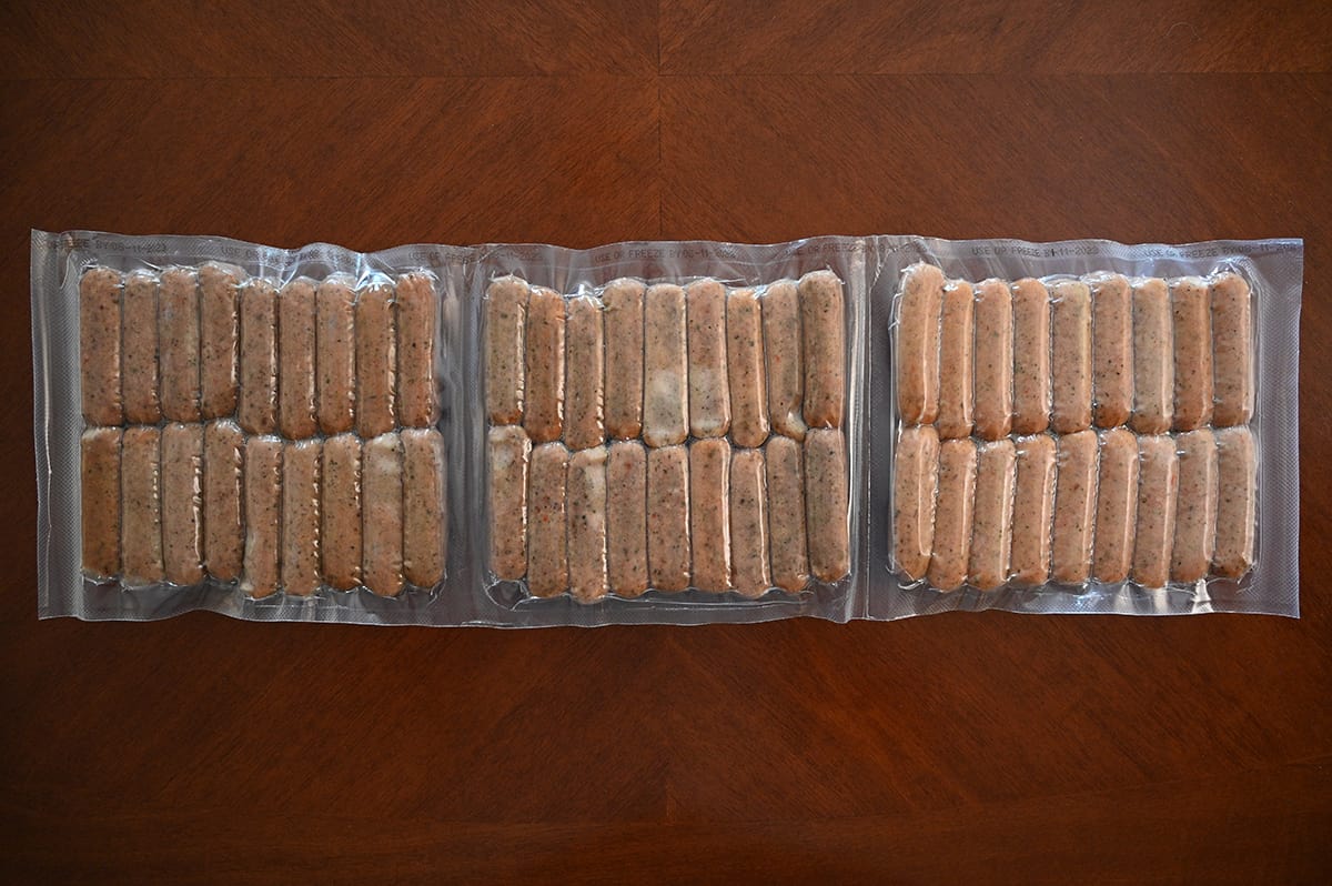Top down image of the 54 breakfast links in the plastic packaging.