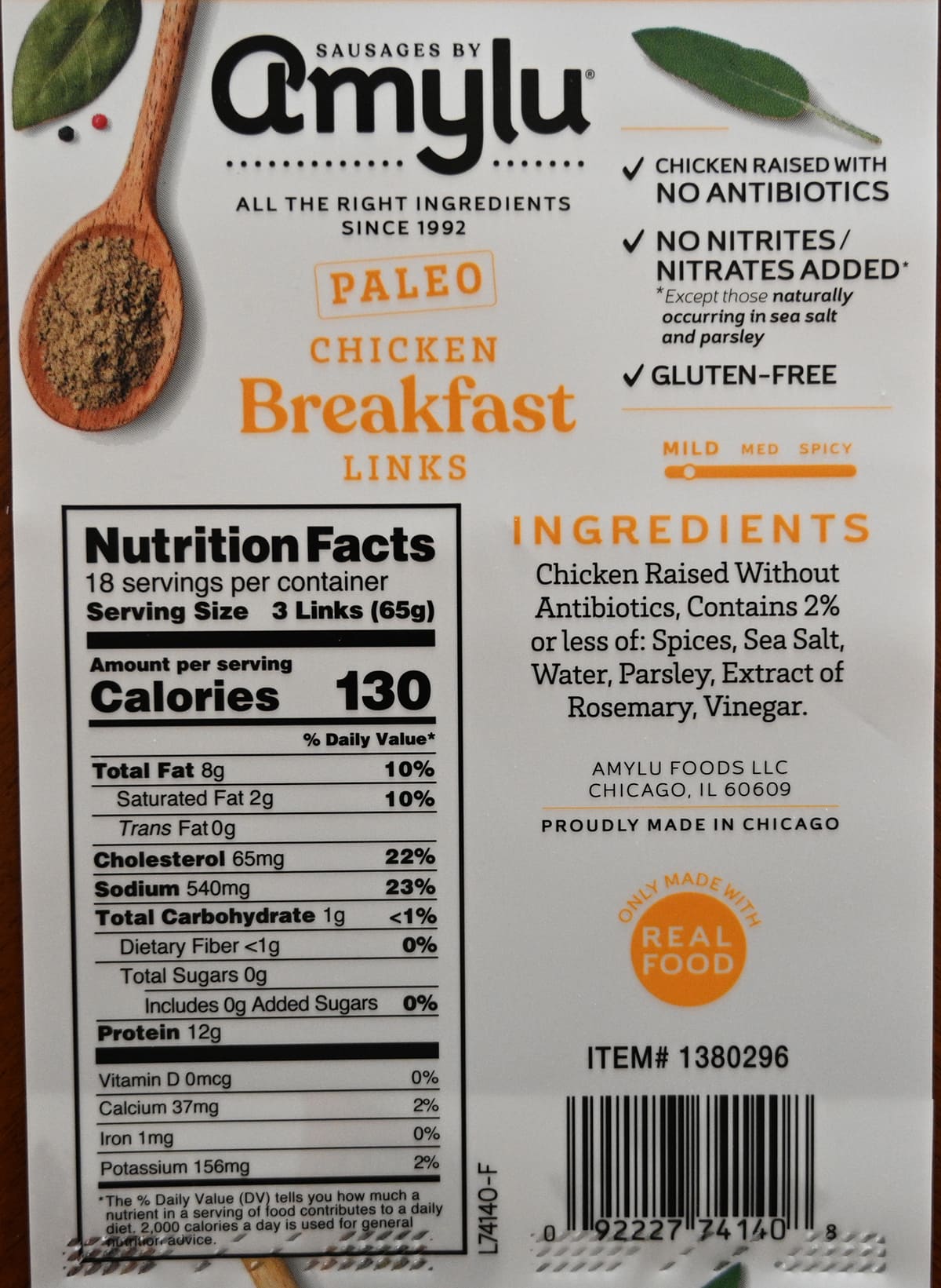 Image of the back of the package of the breakfast links with nutrition facts, ingredients.
