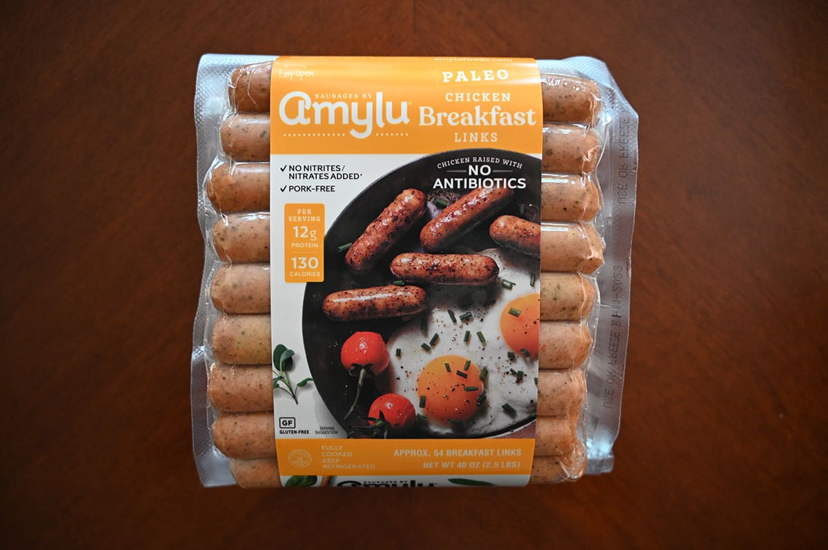 Top down image of the Amylu Breakfast Links package unopened and sitting on a table.