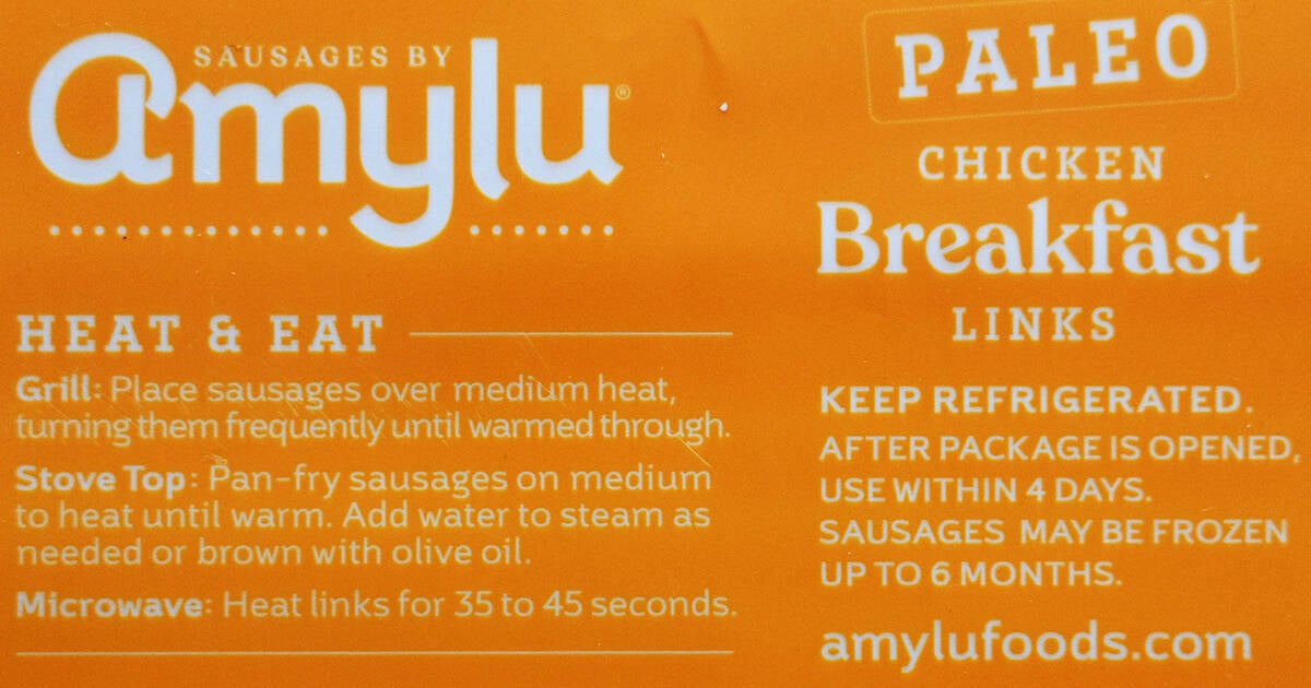 Closeup image of the breakfast links heating instructions from the package.