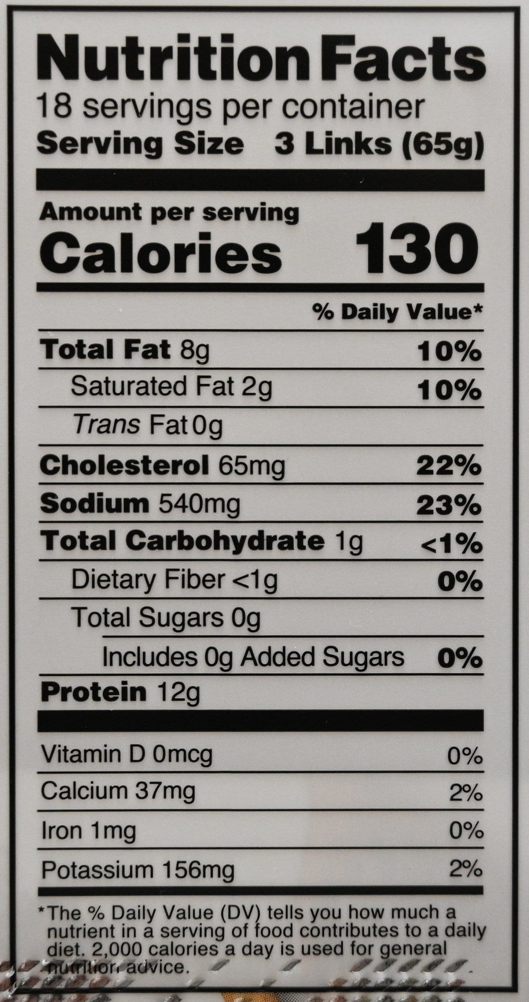 Image of the breakfast links nutrition facts from the back of the package.