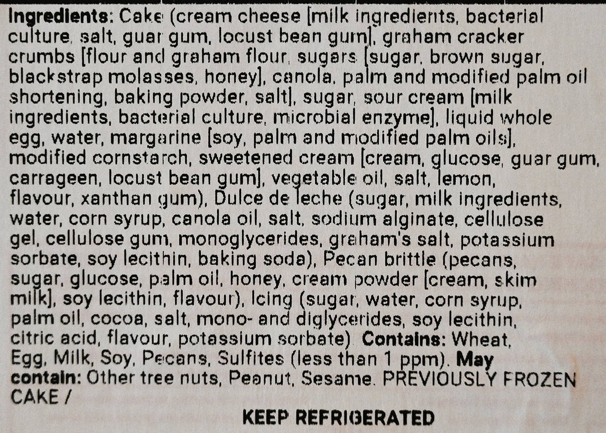 Image of the ingredients label for the cheesecake from the packaging.