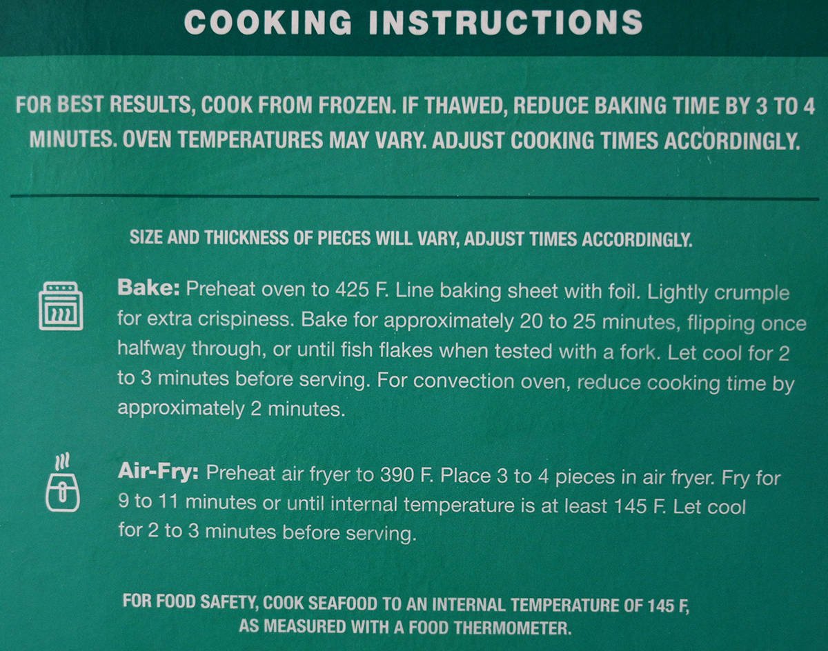 Image of the cooking instructions for the cod from the back of the box.