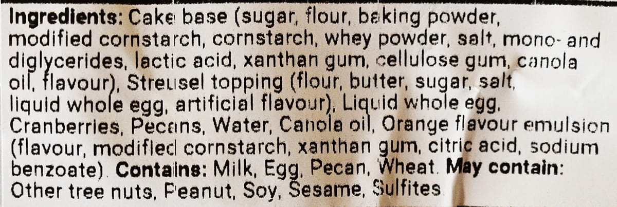 Image of the ingredients list for the coffee cake from the package. 