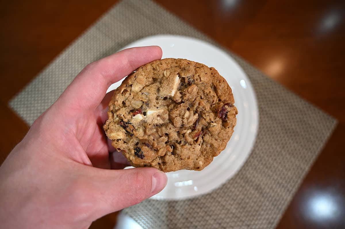 Top down image of a hand holding one cookie close to the camera.