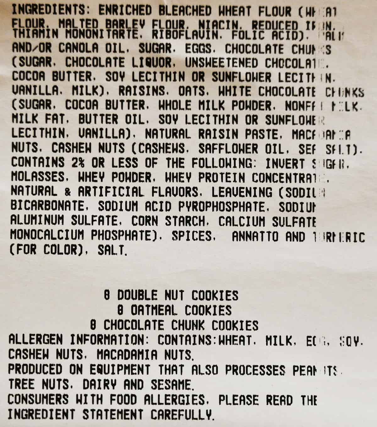 Image of the ingredients for the cookies from the label on the package.
