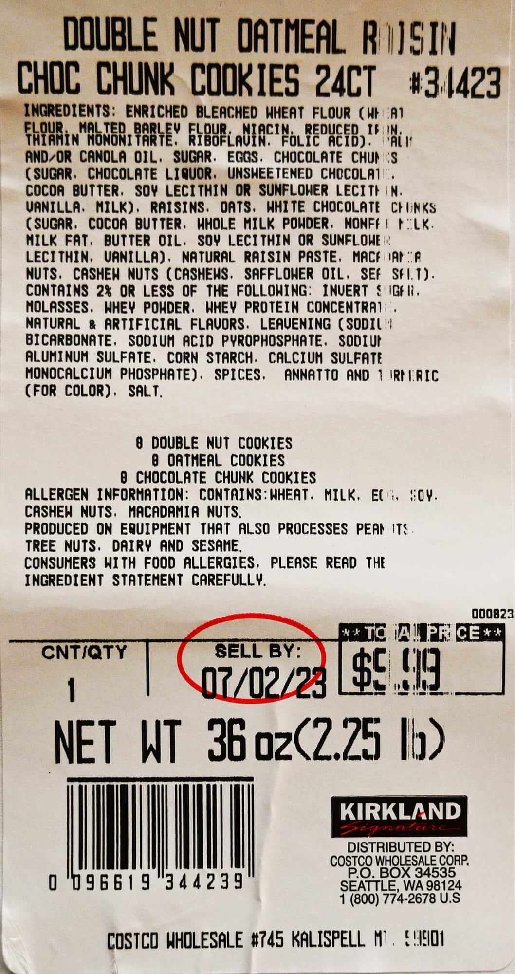 Closeup image of the front label on the cookies showing their are 24 cookies in the pack for $9.99.