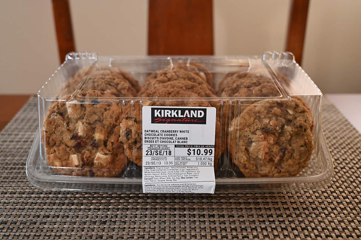 Image of the Costco Kirkland Signature Oatmeal Cranberry White Chocolate Cookies package sitting on a table unopened.