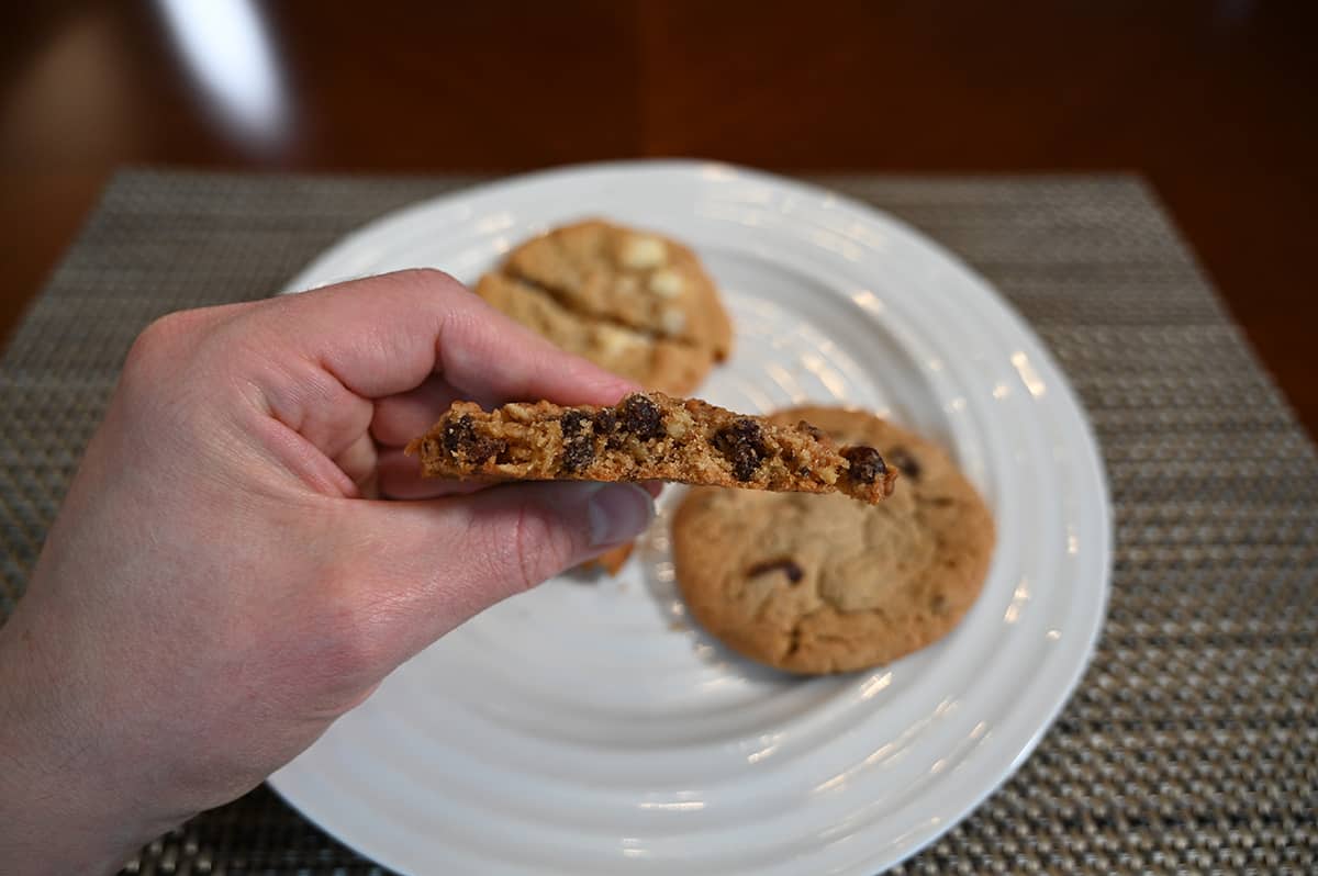 Side view image of a hand holding an oatmeal raisin cookie with a few bites taken out of it so you can see the center.