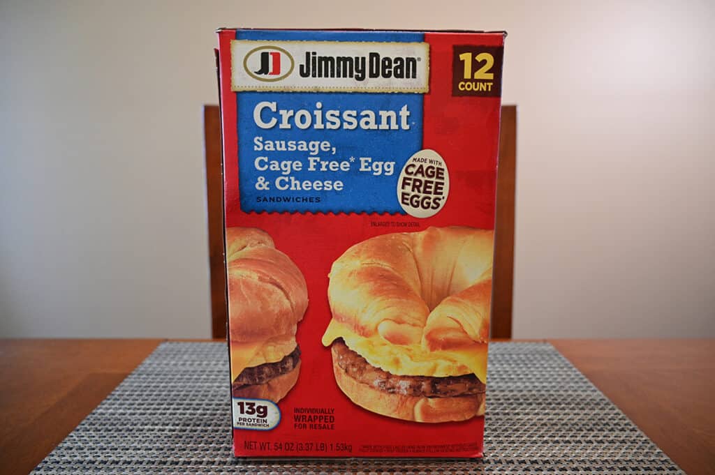 Image of the Costco Jimmy Dean Sausage, Egg & Cheese Croissant Sandwiches box sitting on a table.