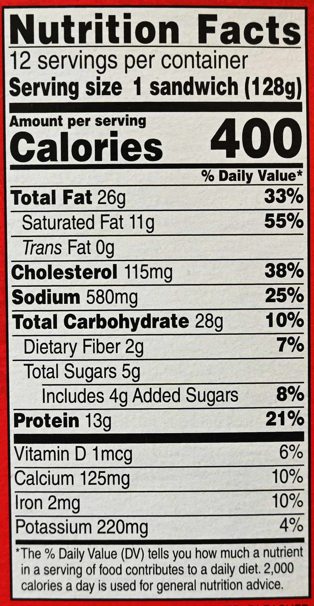 Image of the nutrition facts for the croissant sandwiches from the back of the box.
