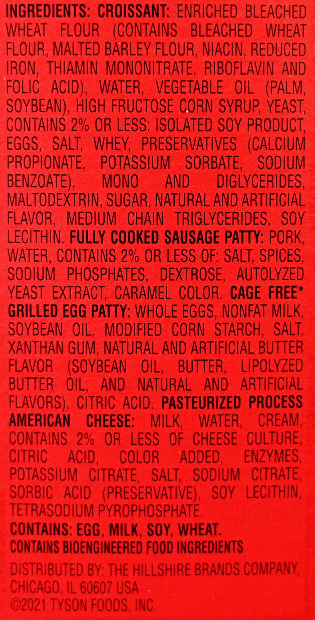 Image of the ingredients list for the croissant sandwiches from the back of the box.
