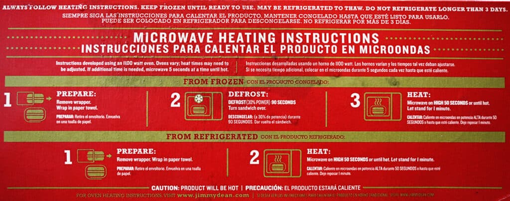 Image of the heating instructions for the sandwiches from the back of the box.