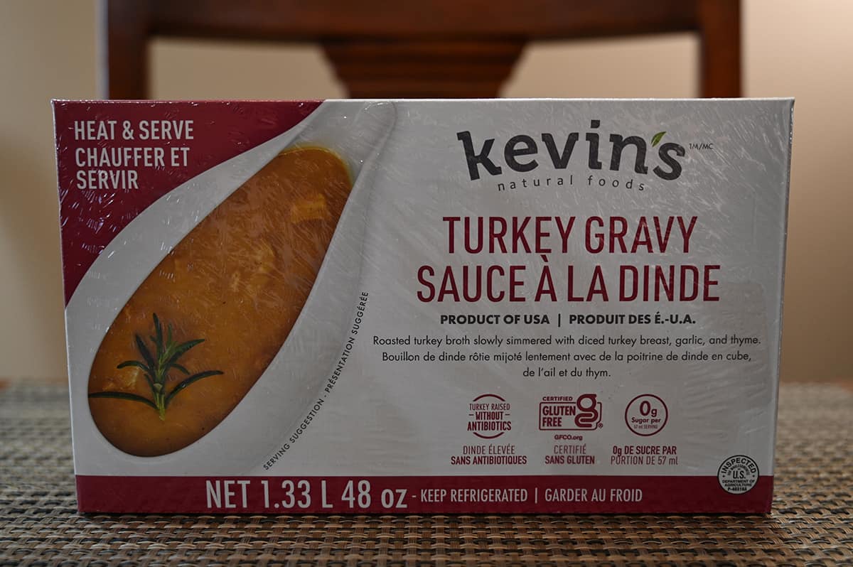 Image of the Kevin's turkey gravy box sitting on a table unopened.