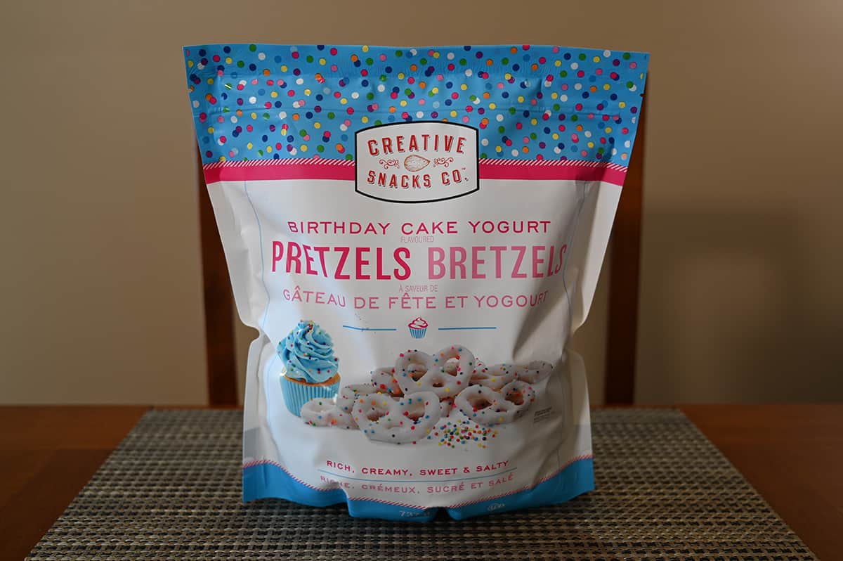 Image of the Costco Creative Snacks Birthday Cake Yogurt Pretzels bag sitting on a table.