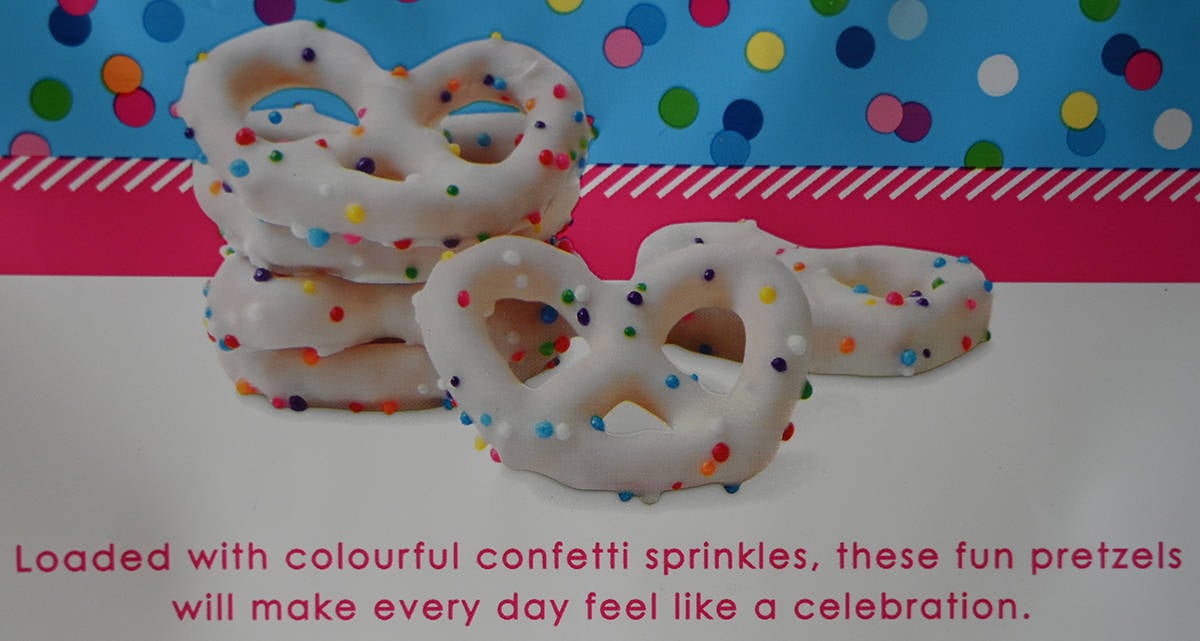 Closeup image of the product description for the birthday cake yogurt pretzels from the bag.