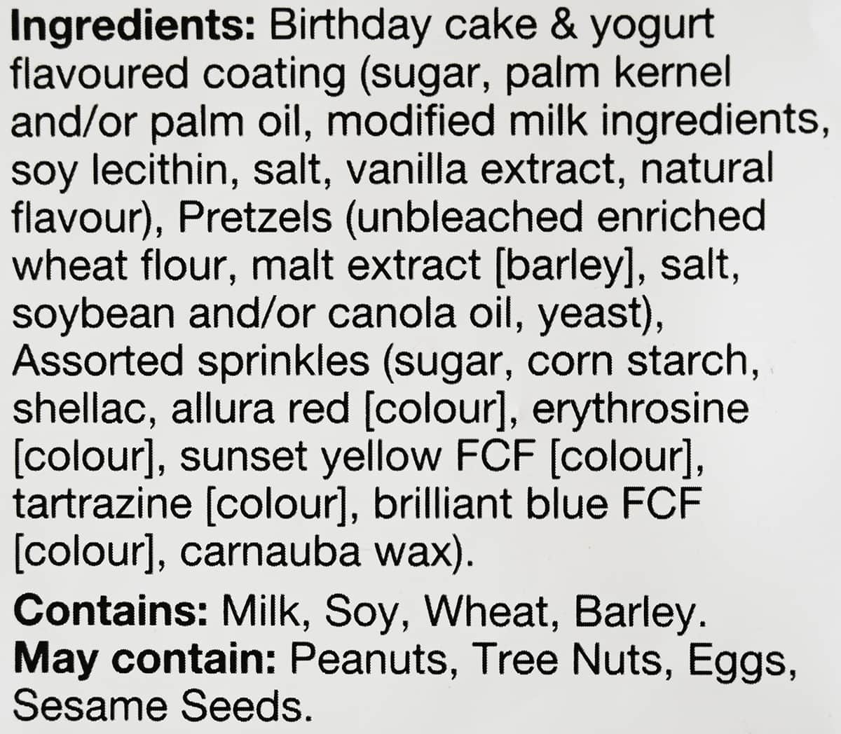 Image of the birthday cake & yogurt pretzel ingredients from the package.