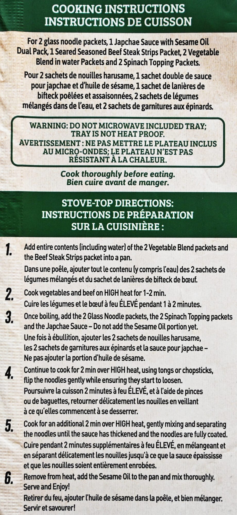 Image of the cooking instructions from the back of the package.