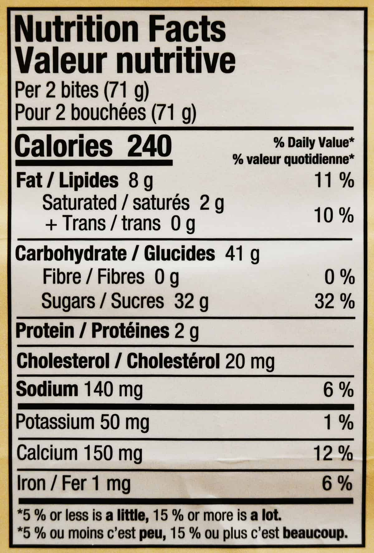 Image of the nutrition facts label for the bites from the package.