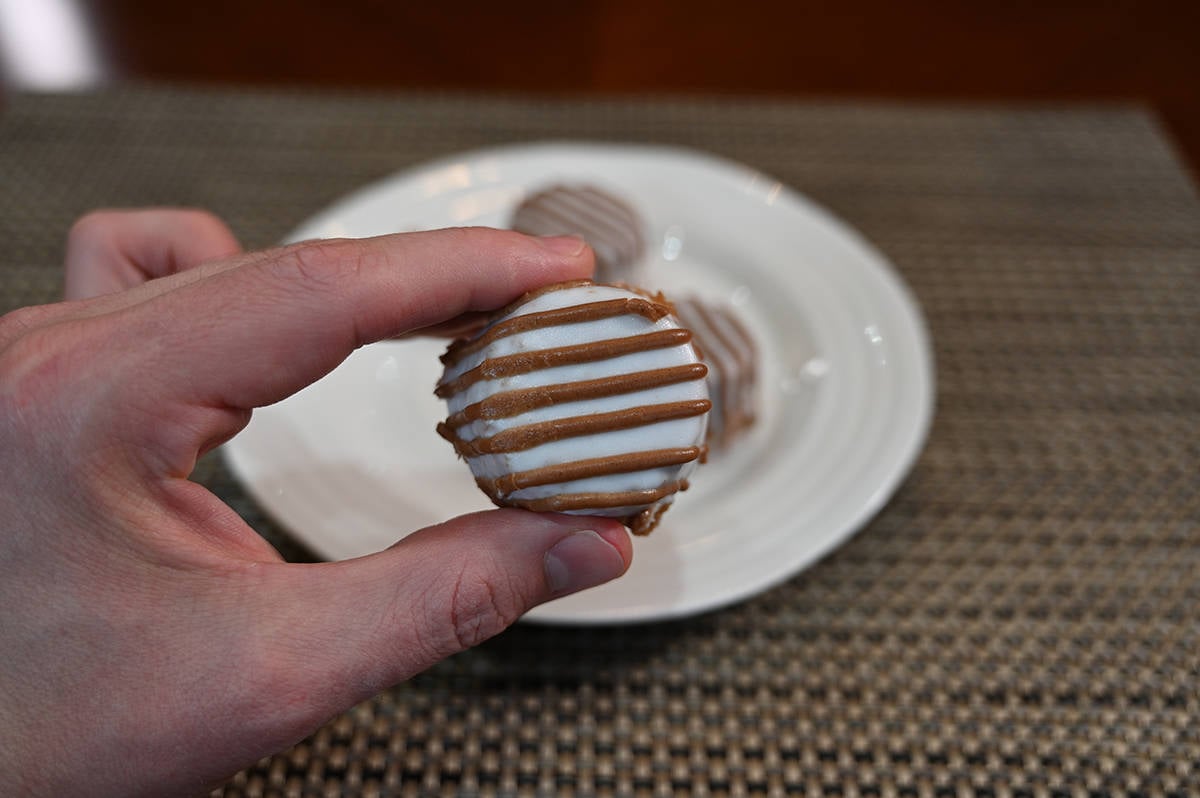 Closeup image of a hand holding one pumpkin spice bite close to the camera.