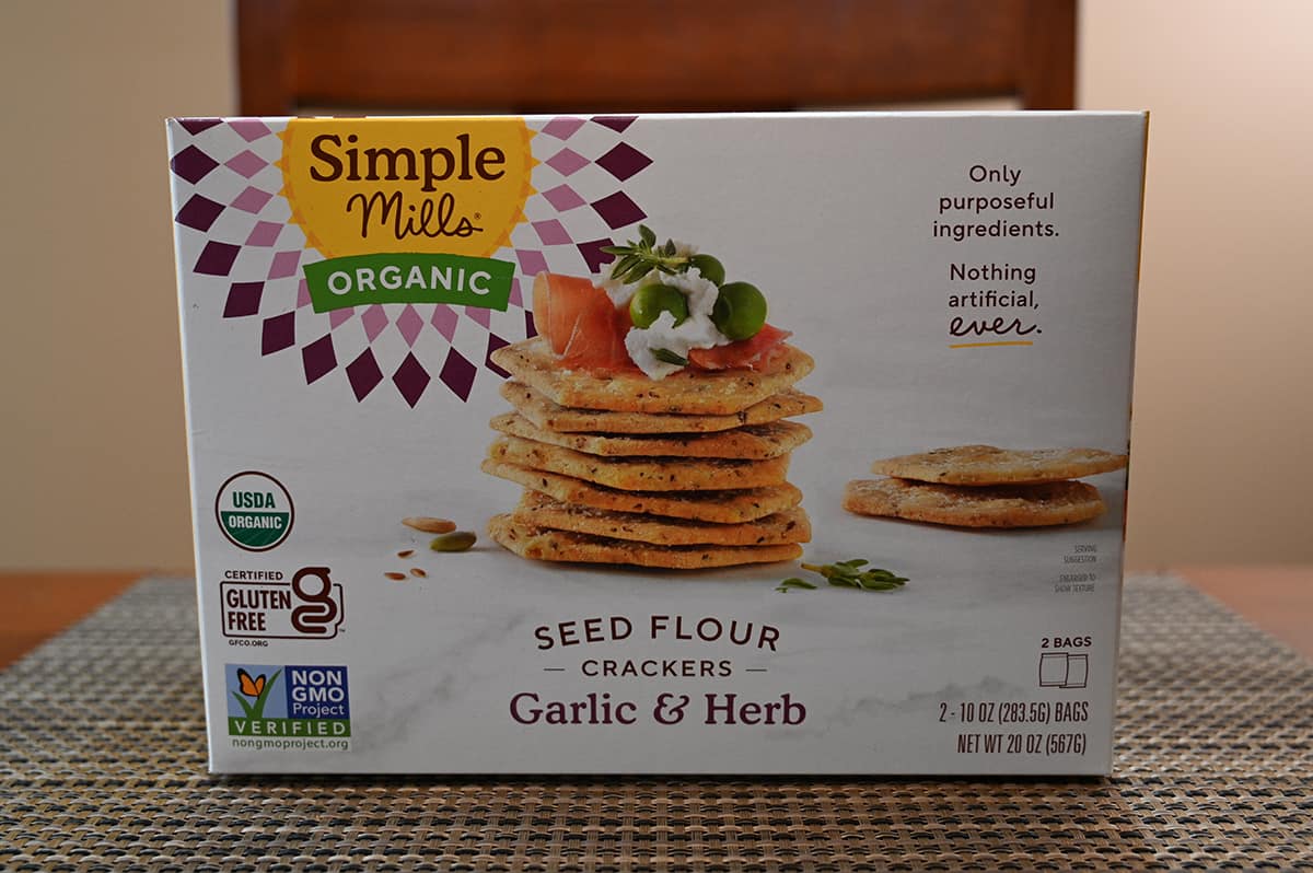 Costco Simple Mills Organic Seed Flour Crackers box sitting on a table.