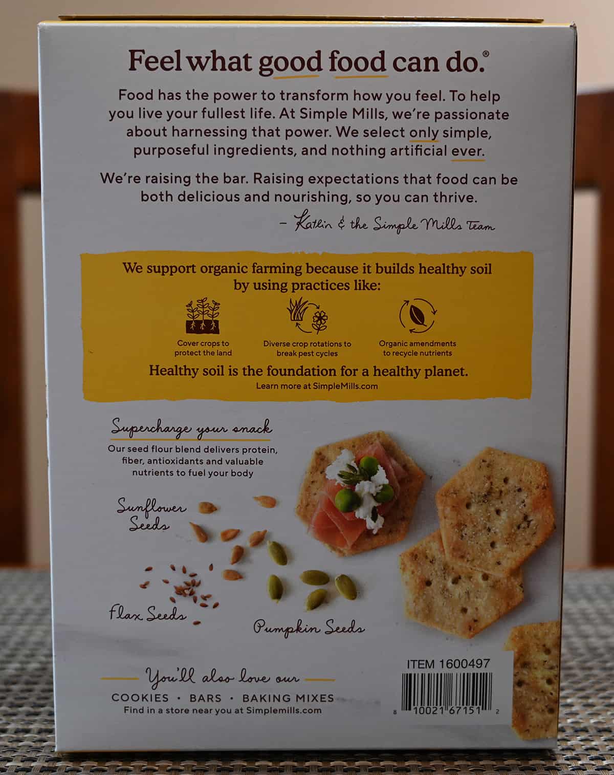 Image of the back of the box of crackers showing product description and company description.