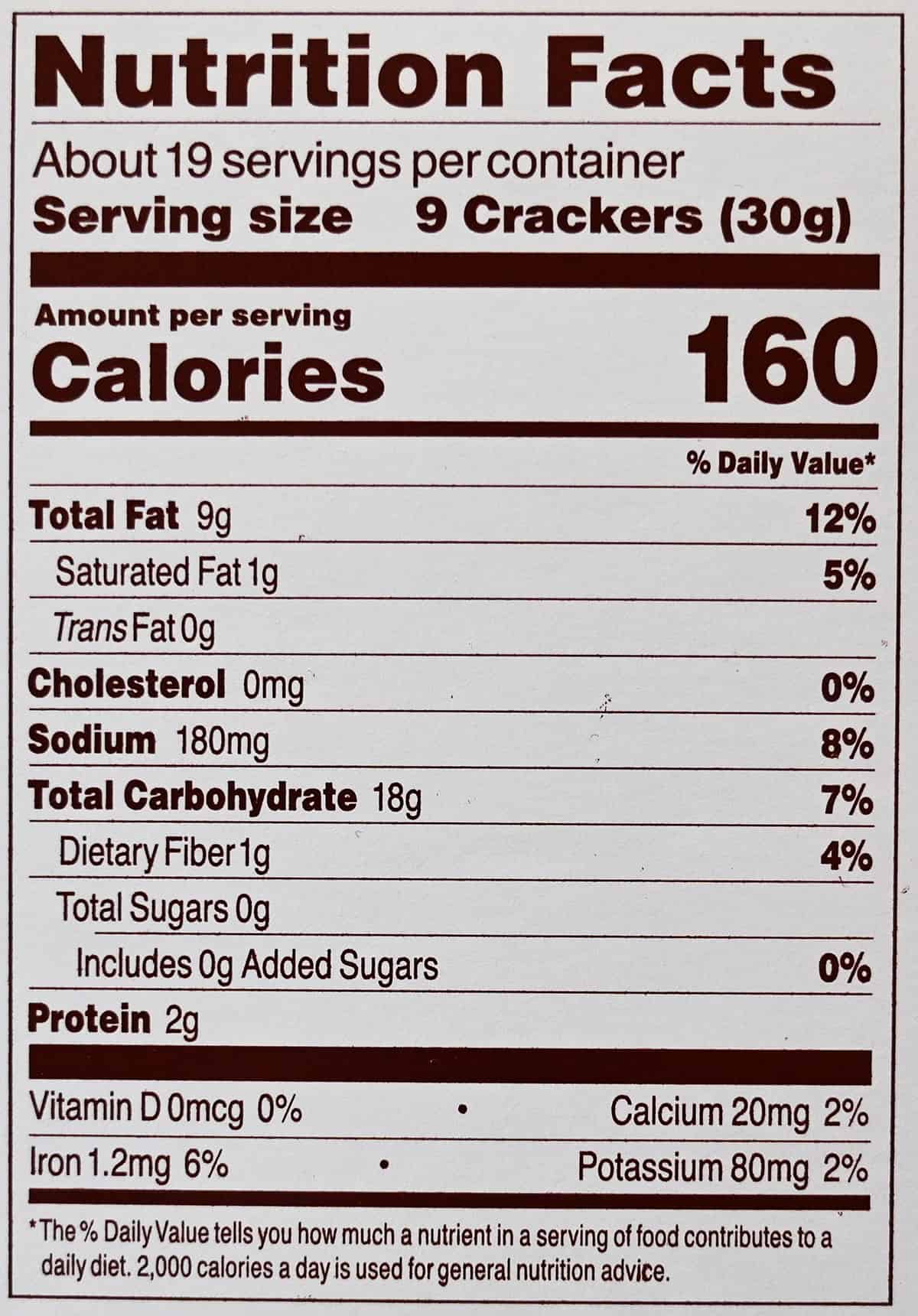 Image of the nutrition facts for the crackers from the back of the box.