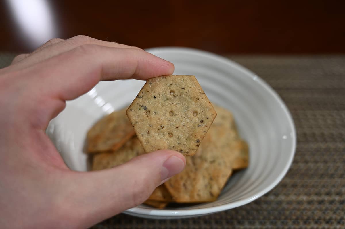 Closeup image of a hand holding one cracker close to the camera with a bowl of crackers in the background.