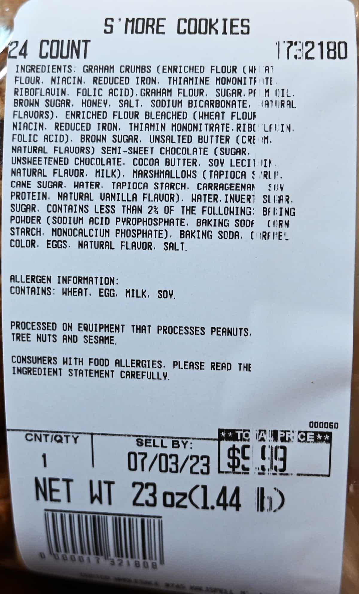 Closeup image of the label on the cookies showing the count, price, best before date and allergen info.