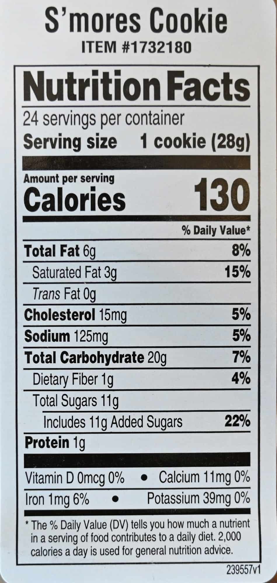 Closeup image of the nutrition facts label for the cookies from the container.