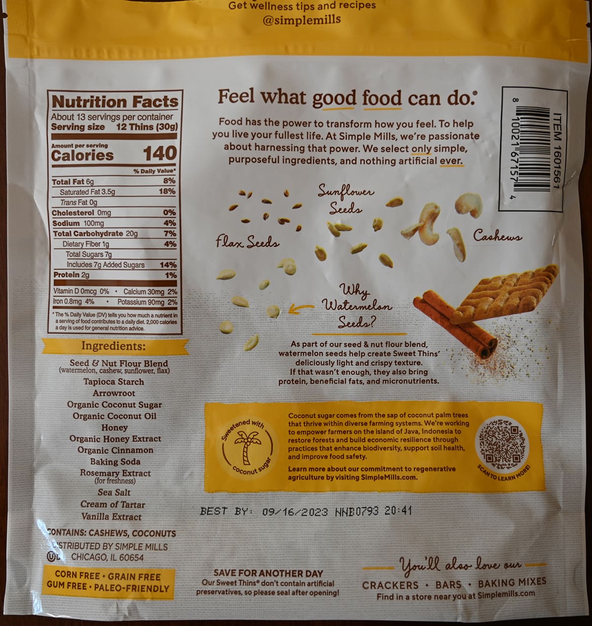 Closeup image of the entire back of the Sweet Thins bag showing nutrition facts, product description and what allergens they're free of.