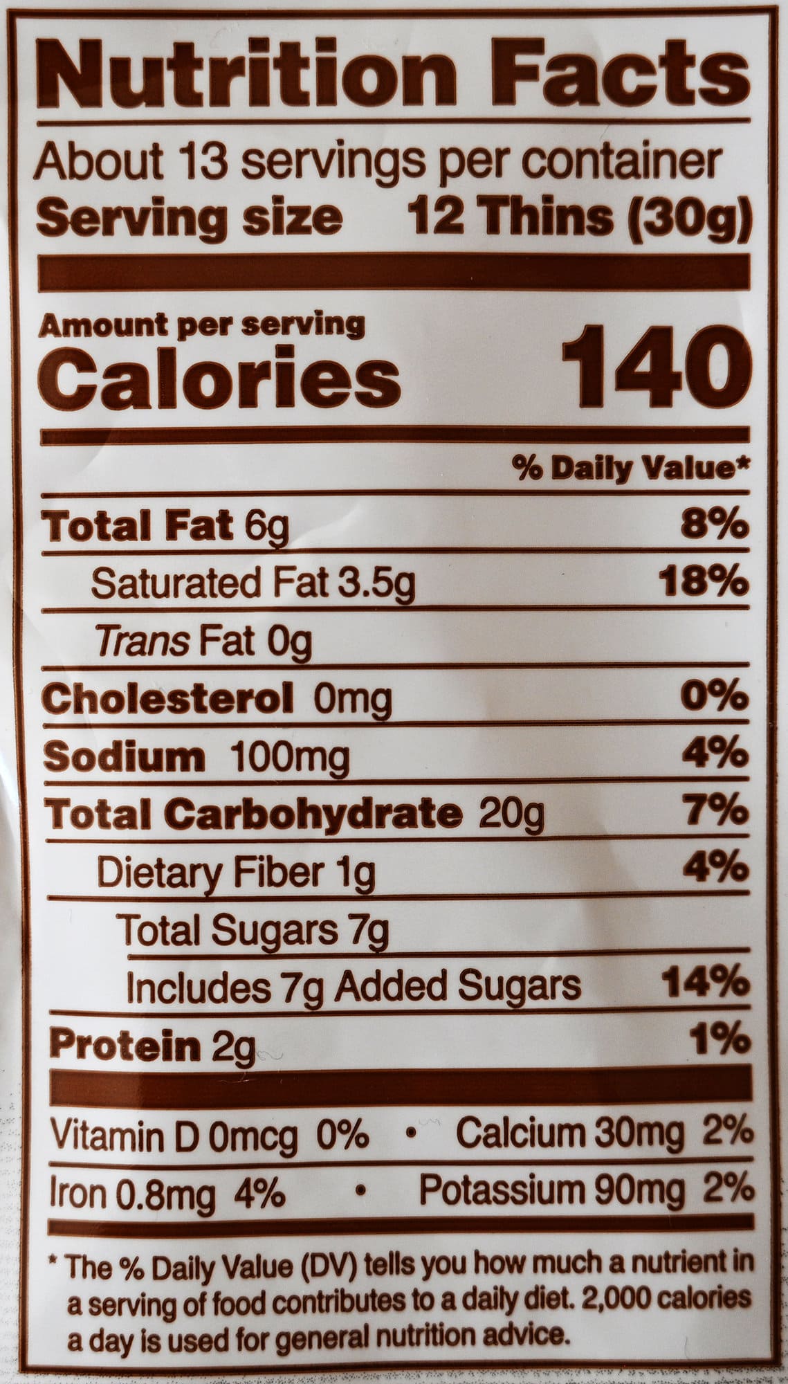 Image of the Sweet Thins nutrition facts from the back of the bag.