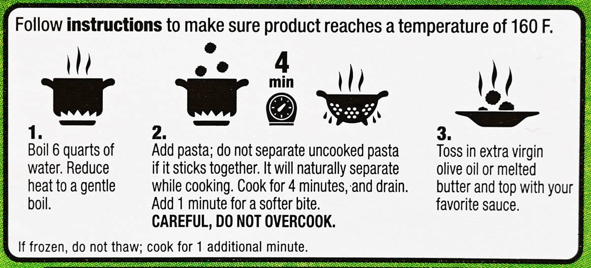 Image of the cooking instructions for the pasta from the package.