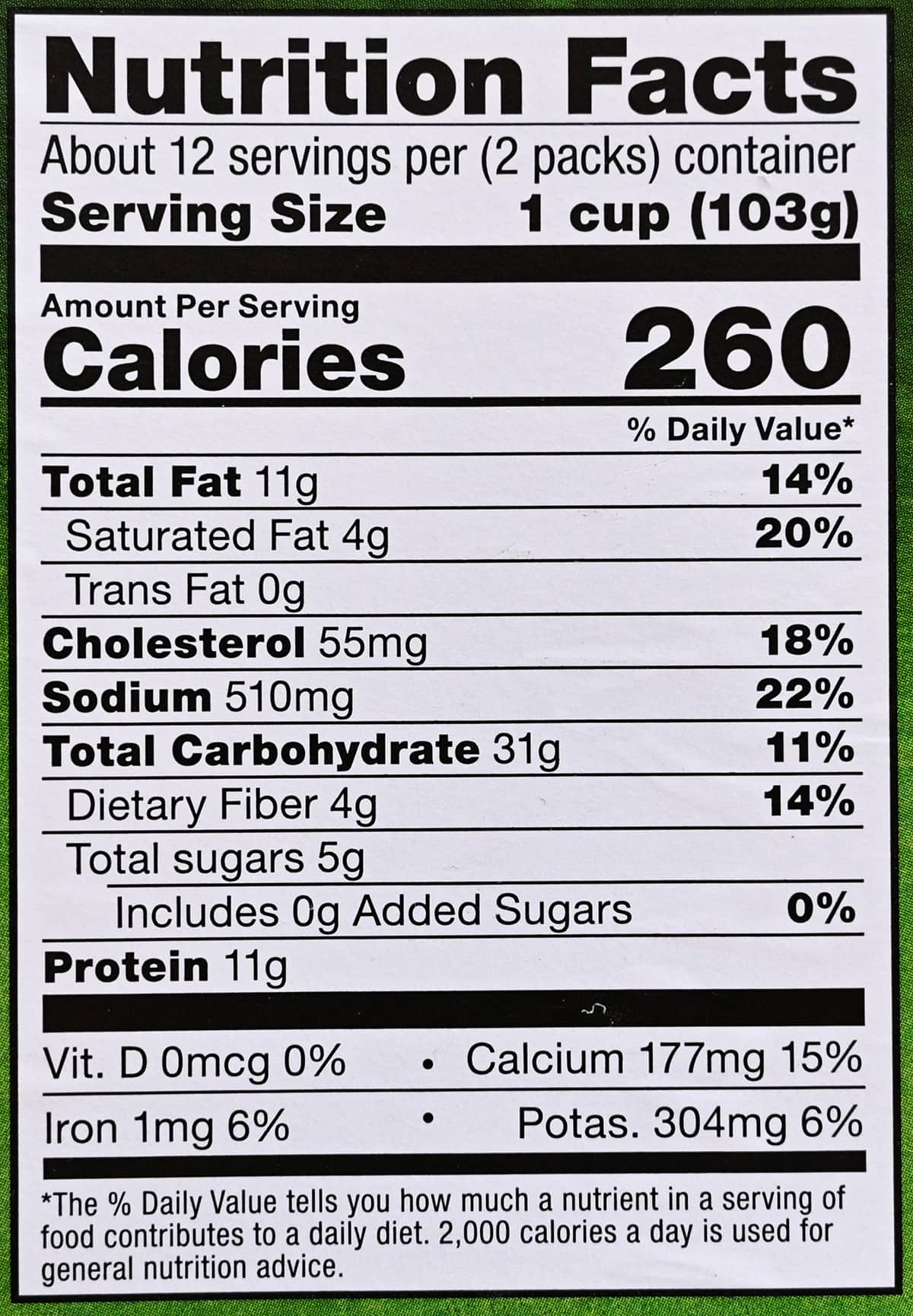 Image of the nutrition facts for the ravioli from the back of the package.