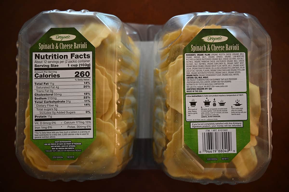 Image of the back of the ravioli package showing two packs of ravioli connected, one pack has nutrition facts on the back and the other pack has ingredients and cooking instructions.