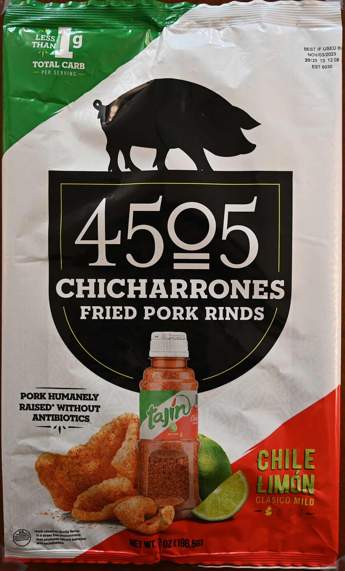 Closeup image of the front of the 4505 Chicharrones bag showing that the pork is humanely raised without antibiotics.