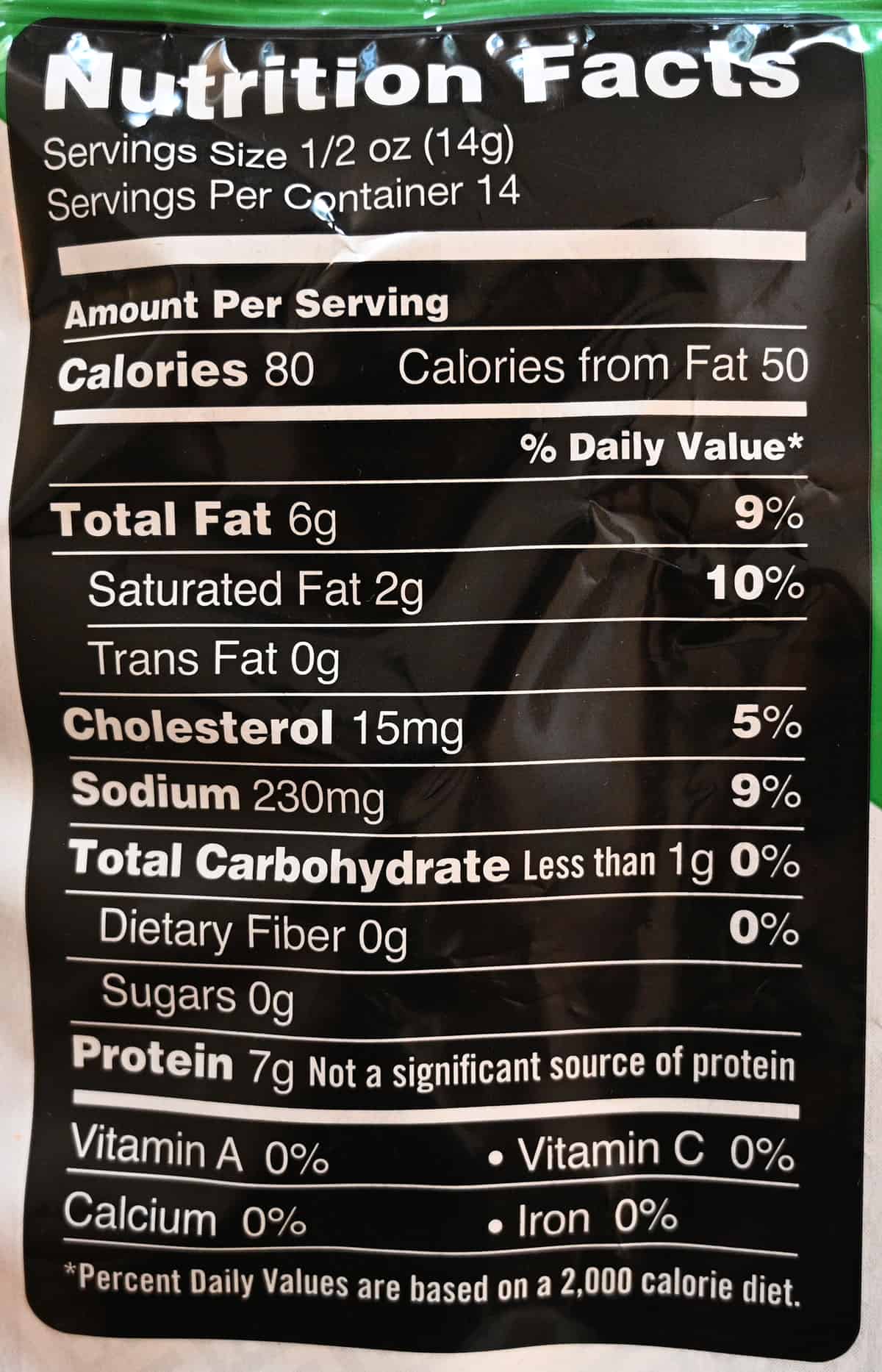 Image of the nutrition facts for the chicharrones from the back of the bag.
