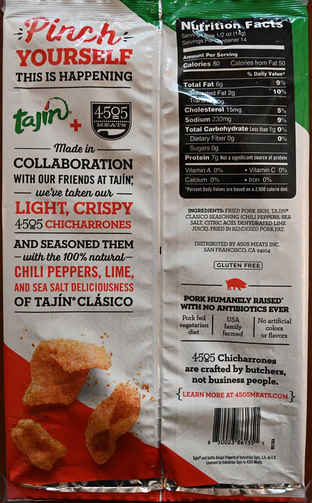 Closeup image of the back of the pork rinds bag showing nutrition facts, ingredients and product description.