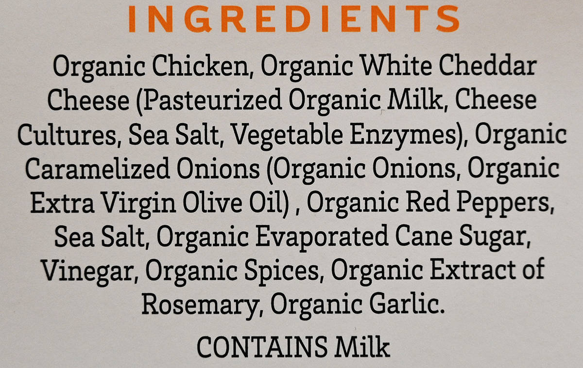 Image of the ingredients list for the chicken burgers from the back of the box.