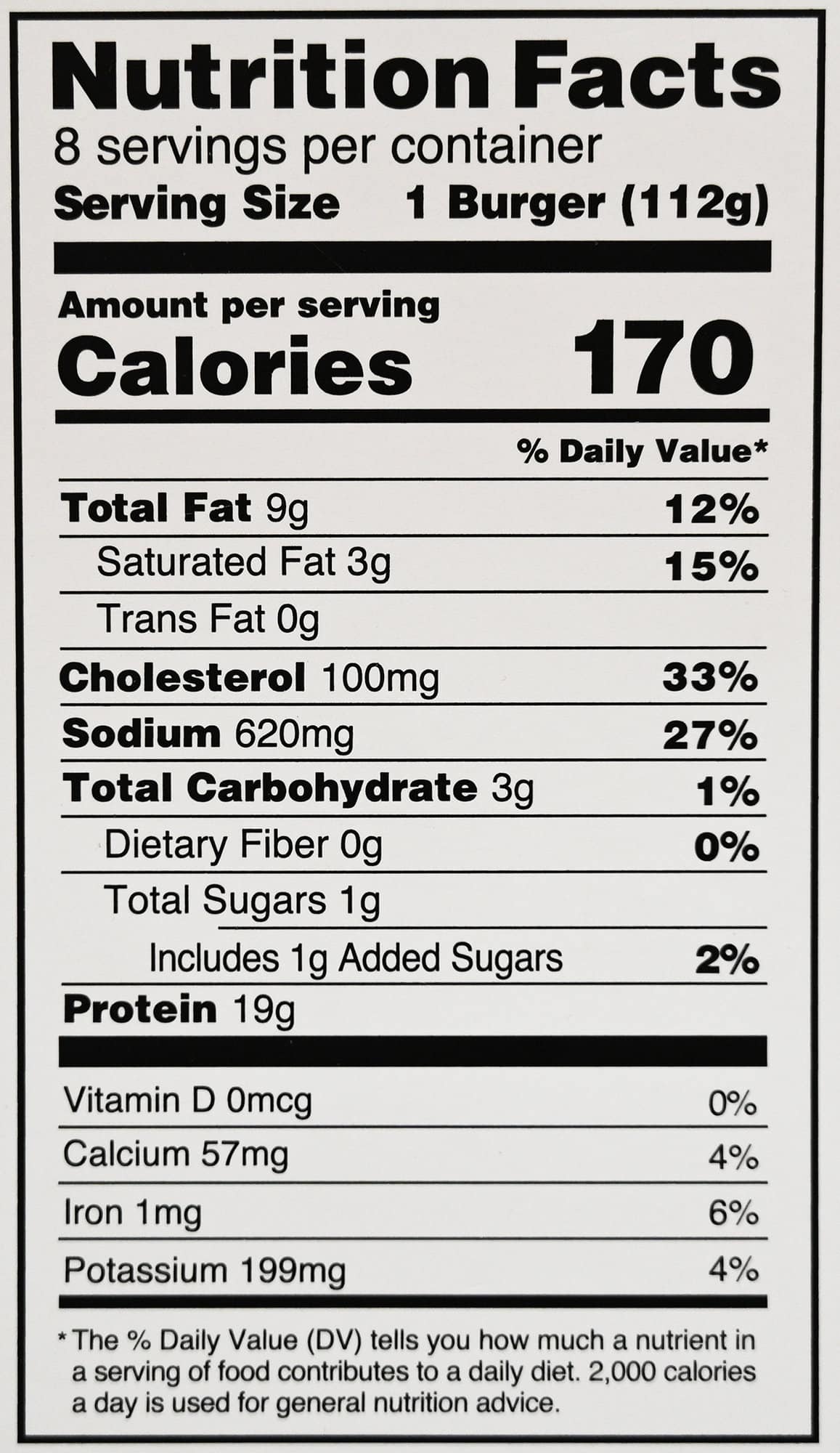 Image of the nutrition facts label for the burgers from the back of the box.