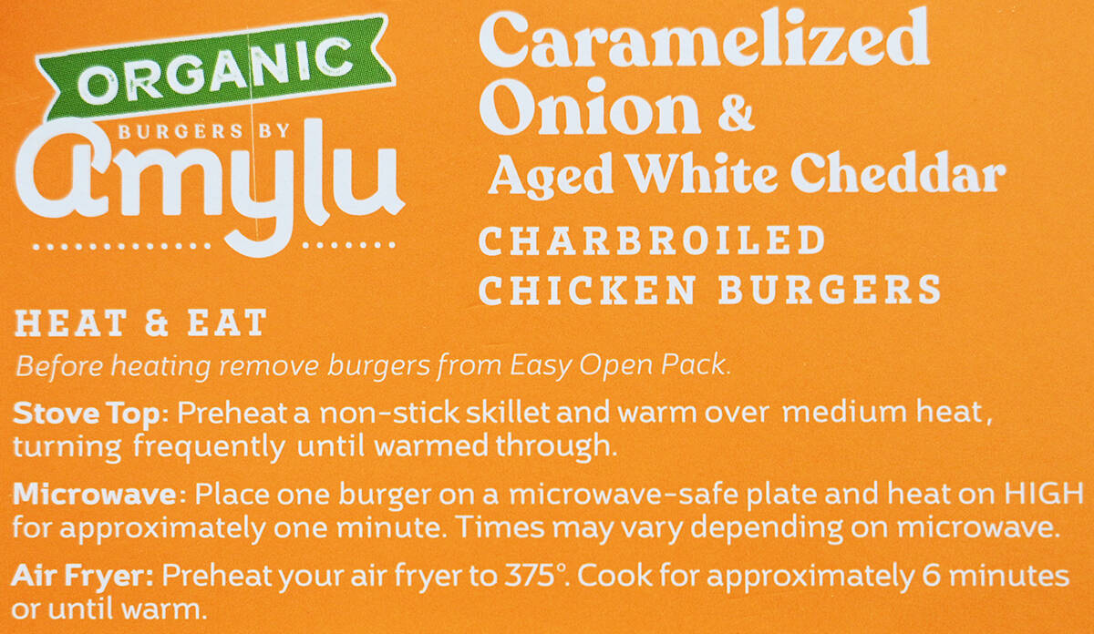 Image of the heating instructions for the chicken burgers from the back of the package.