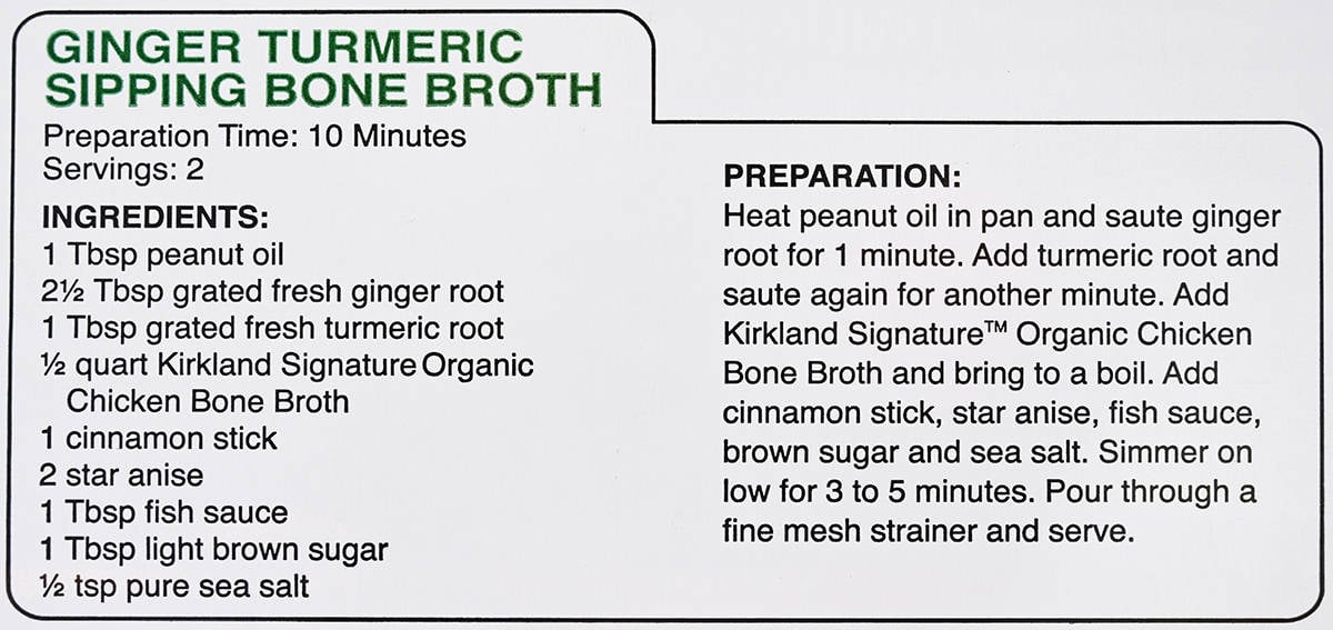 Image of a recipe for ginger turmeric sipping bone broth from the back of the box.