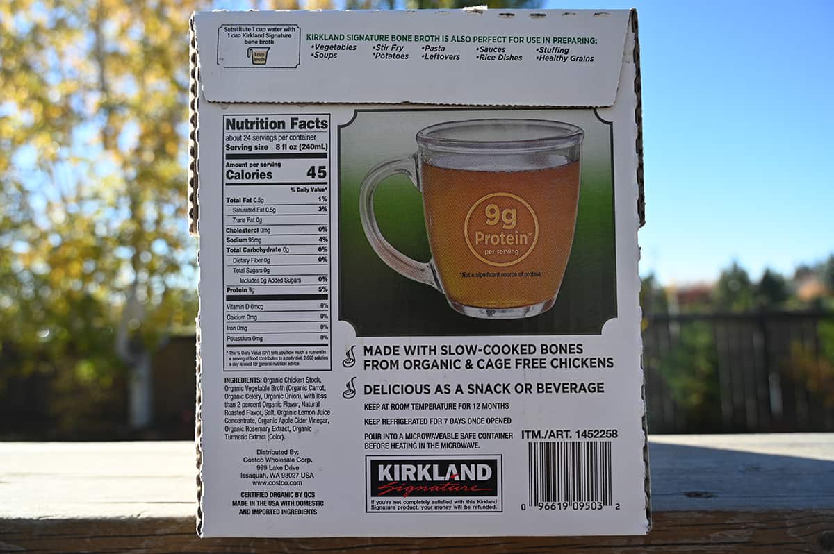 Image of the back of the box of bone broth showing storage instructions, nutrition facts and ingredients.