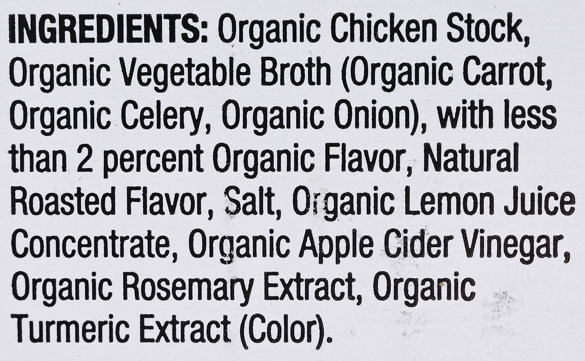 Image of the ingredients for the bone broth from the back of the container.