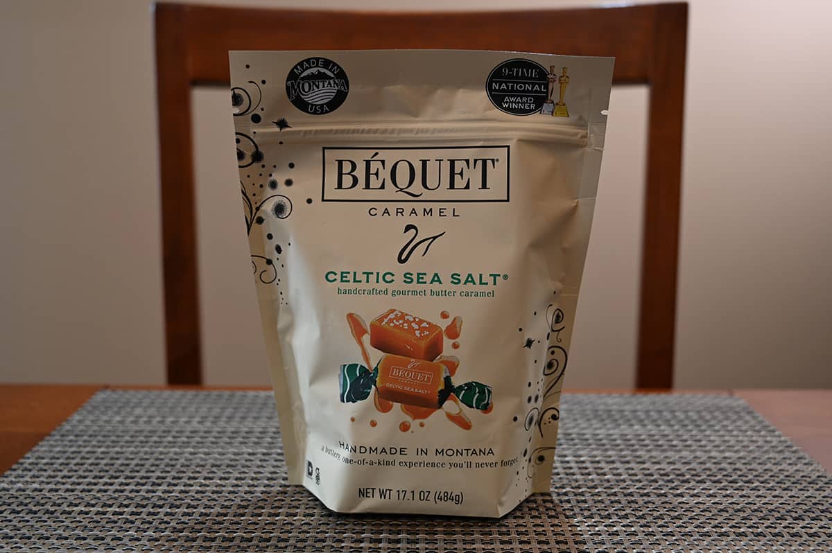 Image of the Costco Béquet Caramel bag sitting on a table unopened.