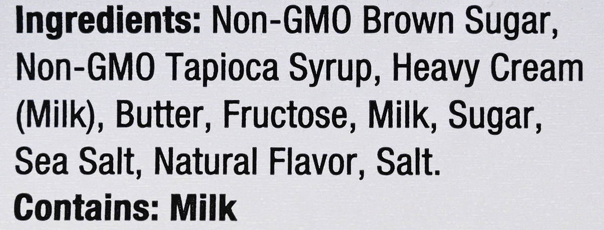 Image of the ingredients list for the caramels from the back of the bag.