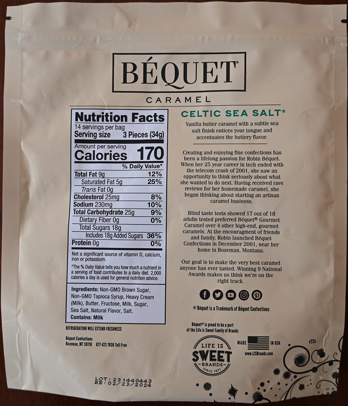 Image of the back of the bag of caramels showing the company description, calories and ingredients.