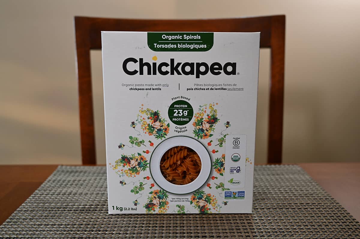Image of the Chickapea Pasta box unopened sitting on a table.