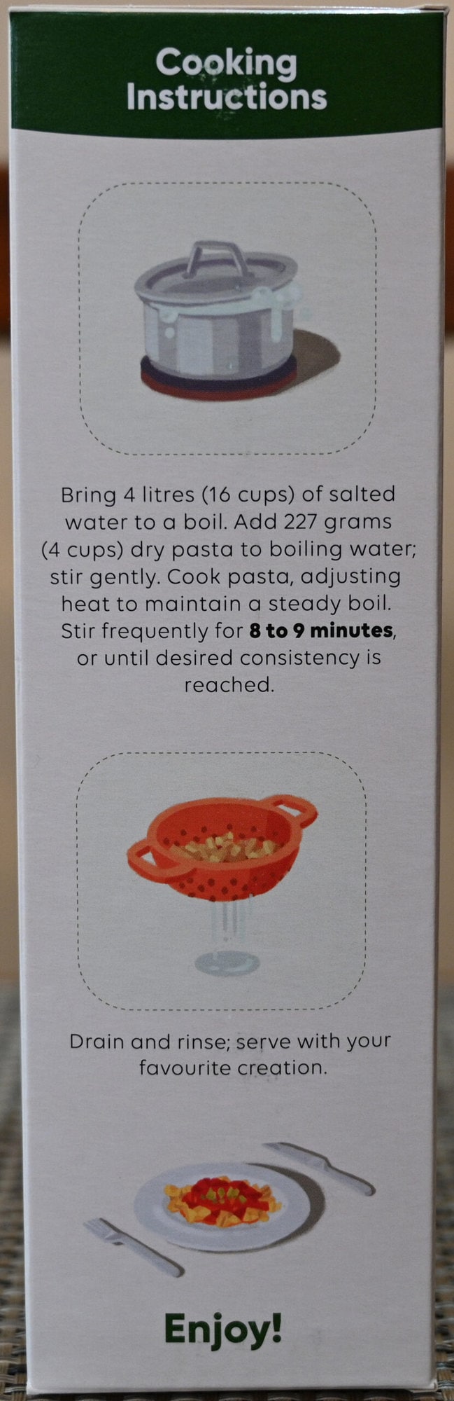 Image of the cooking instructions for the chickapea pasta from the back of the box.